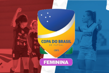 A imagem contém o escudo da Copa do Brasil Feminina e de cada lado uma jogadora da equipe da ADEF e uma da equipe de Taboão Magnus