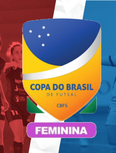 A imagem contém o escudo da Copa do Brasil Feminina e de cada lado uma jogadora da equipe da ADEF e uma da equipe de Taboão Magnus