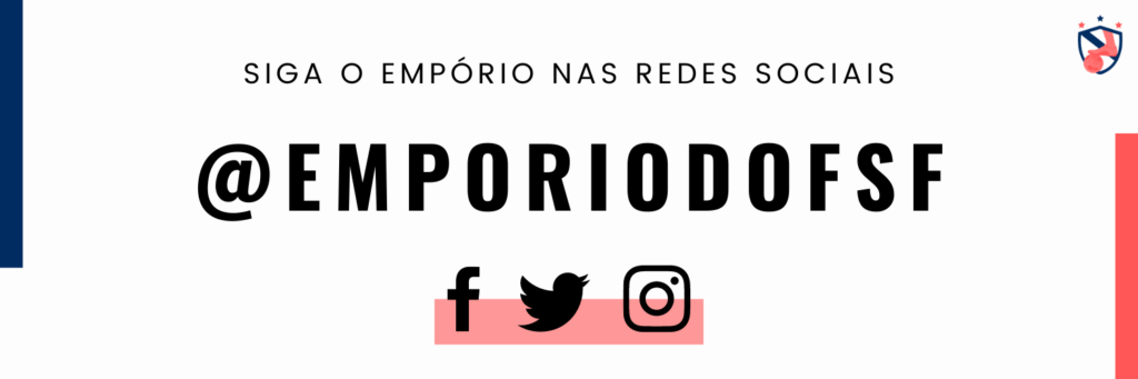 Na imagem temos o escudo do Empório do Futsal Feminino, os símbolos do twitter, facebook e instagram e o user do empório nessas redes sociais: @emporiodofsf