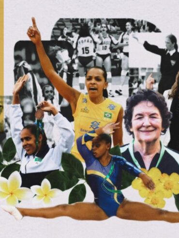 o escrito mulheres que fizeram e fazem história no esporte, na imagem várias atletas brasileiras como fofão do volei, daiane dos santos