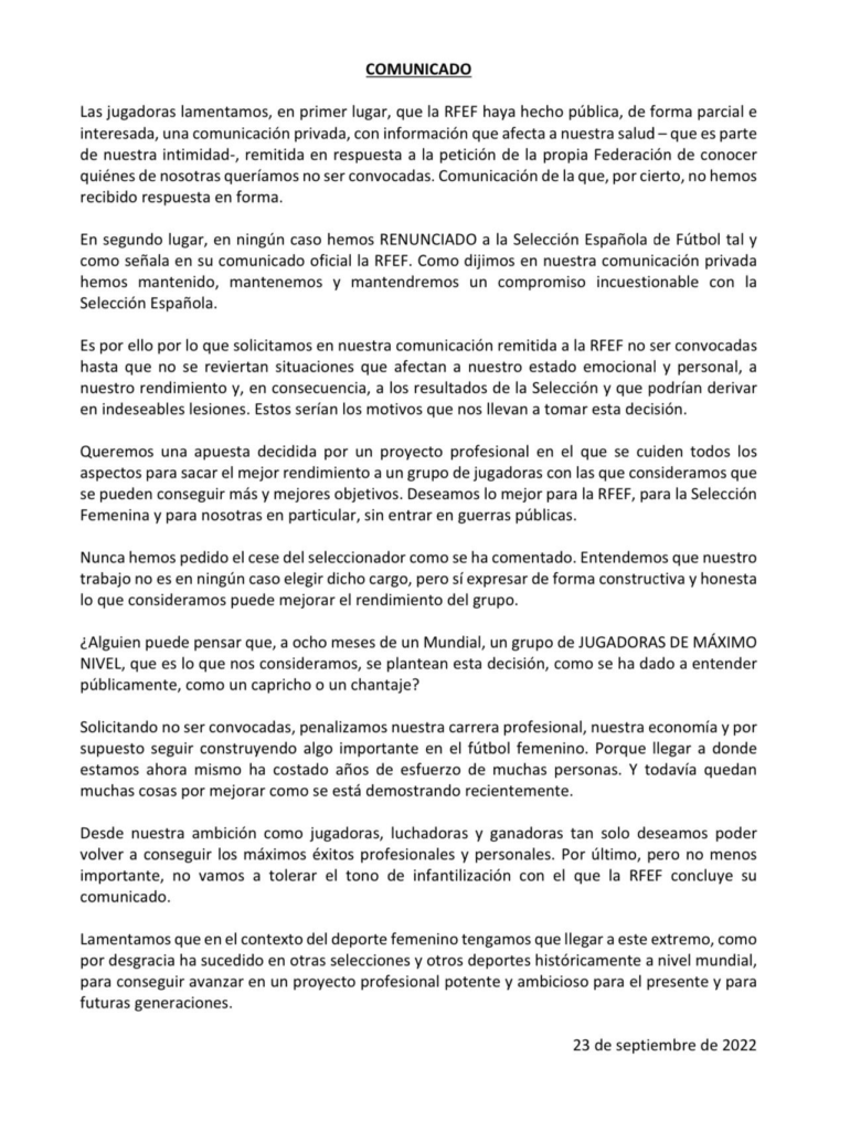 Carta das "Las 15" à Real Federação Espanhola de Futebol. Créditos: Reprodução. 