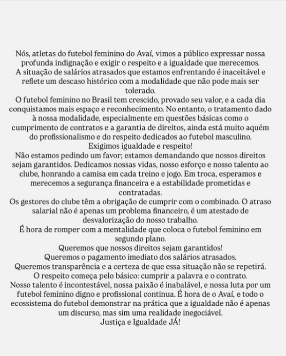 Nota de repúdio publicada pelas atletas do Avaí Kindermann. 
Créditos: Carol Bernardi. 
