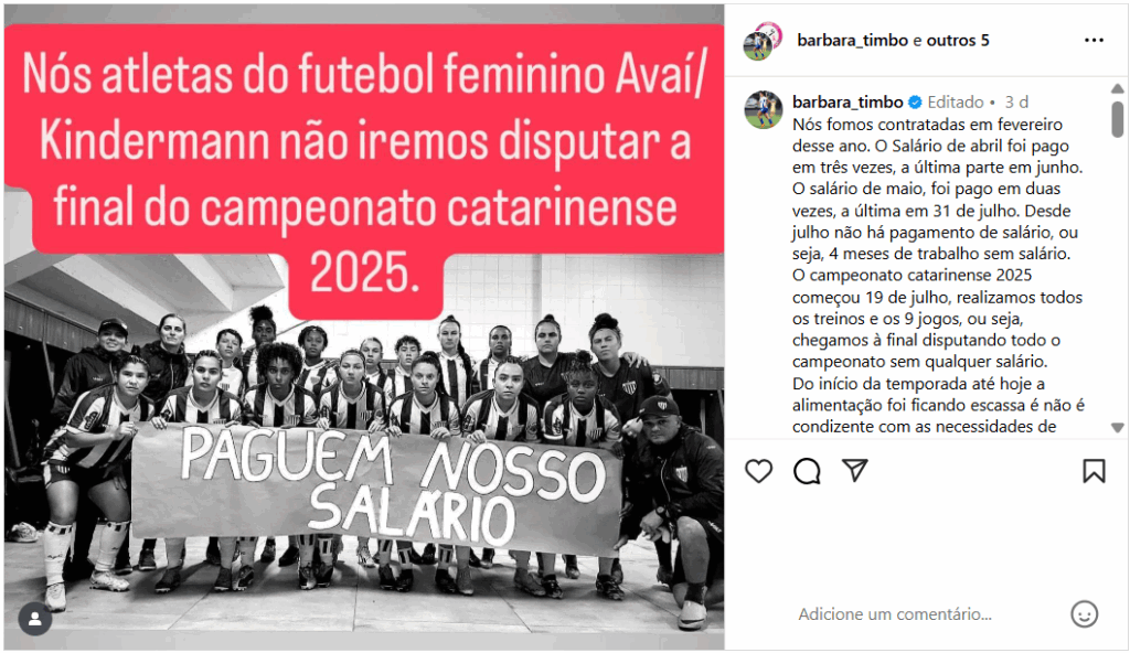 Pronunciamento das jogadoras do Avaí Kindermann. Créditos: Reprodução. 